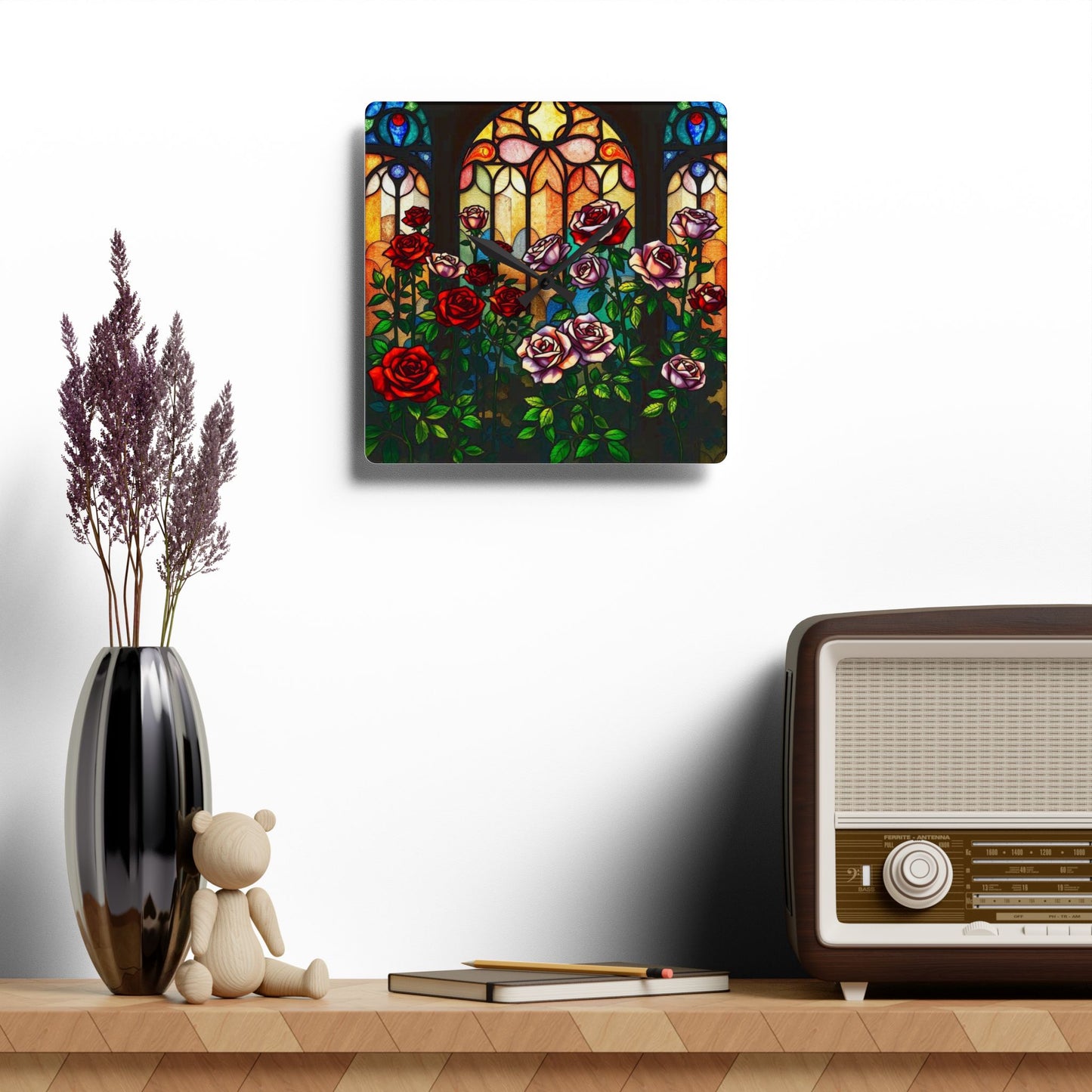 Atrium of RosesStained Glass Wall Clock, Unique Home Decor, Artistic Acrylic Clock, Round Timepiece, Decorative Wall Hanging