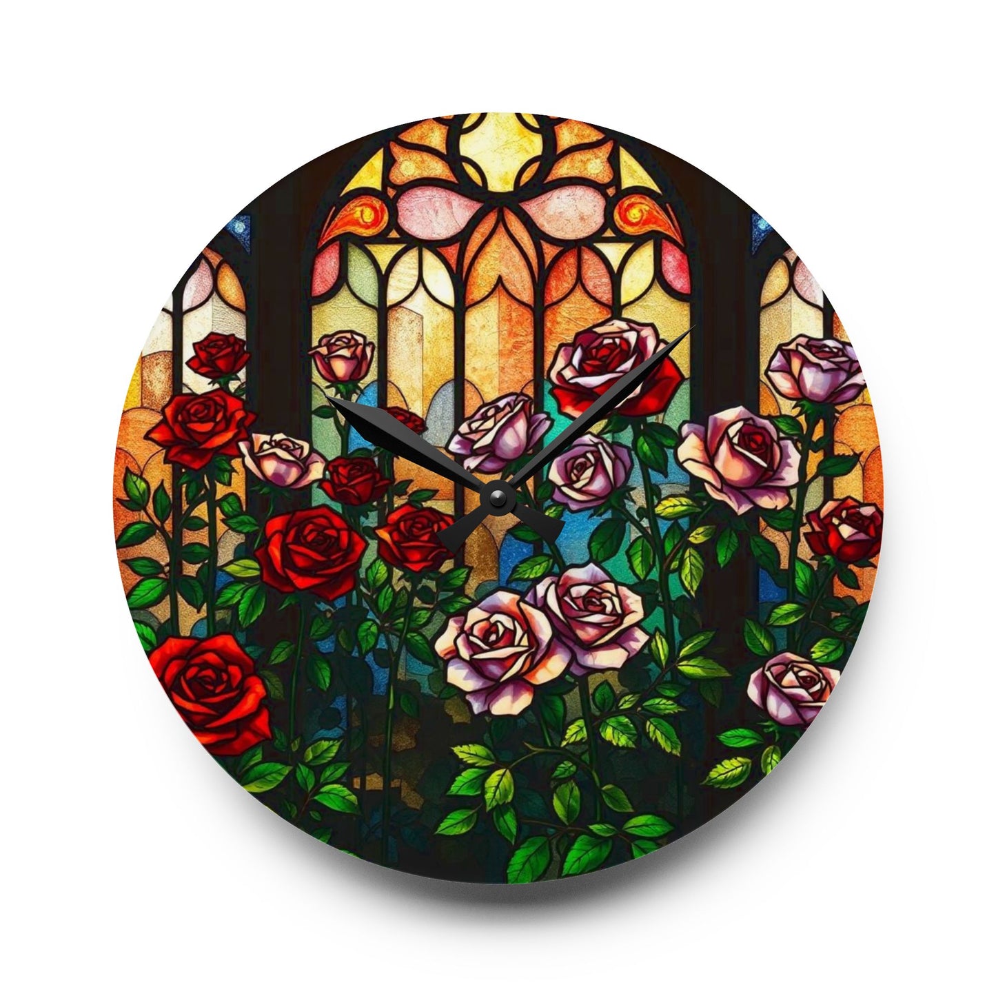 Atrium of RosesStained Glass Wall Clock, Unique Home Decor, Artistic Acrylic Clock, Round Timepiece, Decorative Wall Hanging