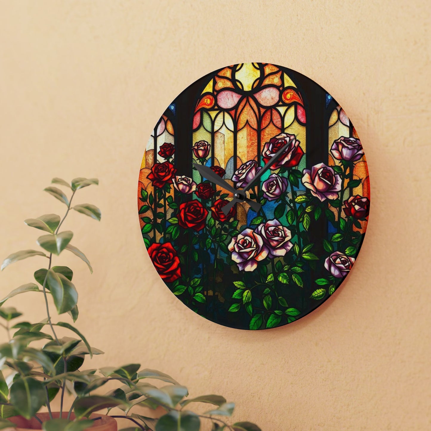 Atrium of RosesStained Glass Wall Clock, Unique Home Decor, Artistic Acrylic Clock, Round Timepiece, Decorative Wall Hanging