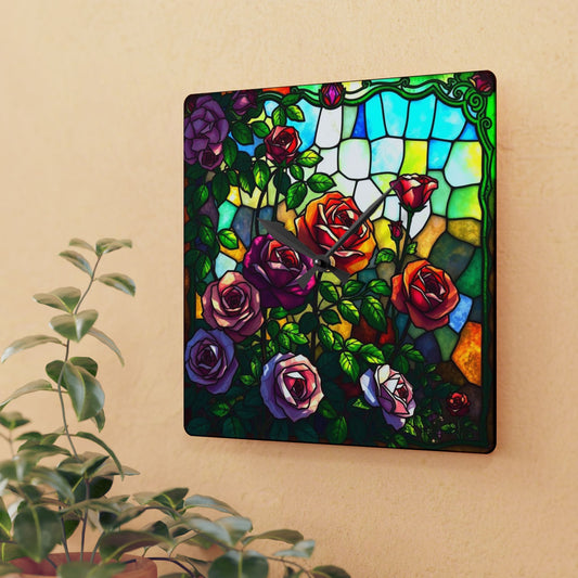 Atrium of Roses II Stained Glass Wall Clock, Unique Home Decor, Artistic Acrylic Clock, Decorative Wall Hanging