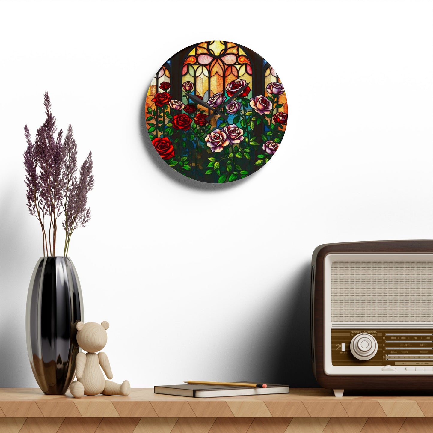 Atrium of RosesStained Glass Wall Clock, Unique Home Decor, Artistic Acrylic Clock, Round Timepiece, Decorative Wall Hanging