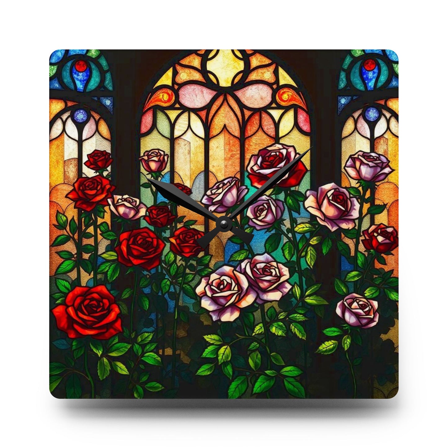 Atrium of RosesStained Glass Wall Clock, Unique Home Decor, Artistic Acrylic Clock, Round Timepiece, Decorative Wall Hanging