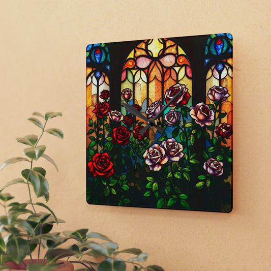 Atrium of RosesStained Glass Wall Clock, Unique Home Decor, Artistic Acrylic Clock, Round Timepiece, Decorative Wall Hanging